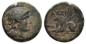 Troas. Assos circa 400-200 BC. Bronze Æ (15mm, 3.43 g) Helmeted laureate head of Athena right / Griffin reclining left; grape bunch below.