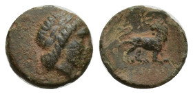 IONIA. Miletos. Ae (10mm, 0.73 g) (Circa 313/2-290). Charmes, magistrate. Obv: Laureate head of Apollo right. Rev: XAPMHΣ. Lion advancing right, head ...