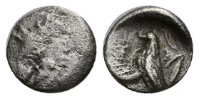 CYPRUS, Paphos. Stasandros. AR Obol (9mm, 0.55 g) (5th century BC). Obv: Bull standing left winged sun disc above. Rev: Eagle standing left; legend (i...