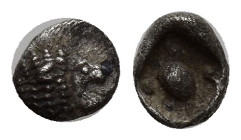 CARIA. Mylasa. (Circa 420-390 BC). AR Tetartemorion. (6mm, 0.25 g) Obv: Head of roaring lion right. Rev: Bird standing right; pellet to upper left and...