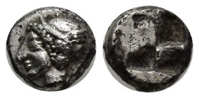 IONIA. Phokaia. (Circa 521-478 BC). AR Diobol. (9mm, 1.29 g) Obv: Archaic female head left, wearing earring and helmet or close fitting cap.. Rev: Qua...