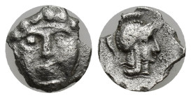 Pisidia. Selge circa 350-300 BC. Obol AR (10mm, 0,51 g) Facing gorgoneion / Helmeted head of Athena right.