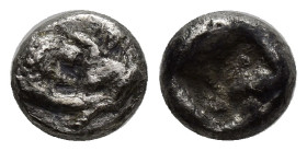 KINGS OF LYDIA, Kroisos AR 1/12 Stater. (8mm, 0.81 g) Sardis, 550-546. Confronted foreparts of lion right and bull left Two square punches.