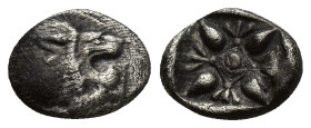 IONIA. Miletus. Ca. late 6th-5th centuries BC. AR obol (9mm, 1.09 g). Milesian standard. Forepart of roaring lion left, head reverted / Stellate flora...