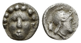 Pisidia. Selge circa 250-190 BC. Obol AR (9mm, 0.81 g). Gorgoneion with flowing hair / Head of Athena right, wearing winged and crested Attic helmet, ...