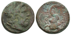 MYSIA. Pergamon. (Circa 133-27 BC). Ae. (19mm, 9.43 g) Obv: Laureate head of Asklepios to right. Rev. AΣKΛHΠIOΣ – ΣΩTHPOΣ. Serpent coiled around ompha...