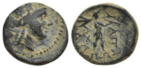 PHRYGIA. Apameia (Circa 88-48 BC). AE Bronze (15mm, 3.66 g) Bust of Tyche right. Obv: AΠAME / Nude Marsyas striding to right on meander pattern, playi...