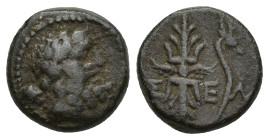 Pisidia, Selge Æ (12mm, 2.50 g). Circa 2nd-1st Century BC. Laureate head of Herakles to right, club over shoulder / Thunderbolt; bow to right, Σ-Ε-Λ a...