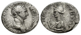 CAPPADOCIA, Caesarea-Eusebia. Trajan. AD 98-117. AR Drachm (17mm, 2.91 g). Struck AD 112-114. Laureate bust left, slight drapery / Draped half-length ...
