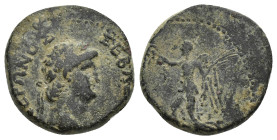 GALATIA, Koinon of Galatia. Nero. AD 54-68. Æ (17mm, 5.52 g). Struck AD 62-65. ΝΕΡΩΝΟΣ ΣΕΒΑΣΤΟΥ Laureate head right / ΣΕΒΑΣΤΗ Nike advancing left, hol...