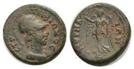 Ionia, Smyrna. Pseudo-autonomous, Time of Trajan. A.D. 98-117 . AE (14mm, 3.55 g). СΤΡΑΤΗ ΒΙΩΝΟС, helmeted and draped bust of Athena right / ΖΜΥΡΝΑ-ΙΩ...