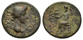 Phrygia. Kibyra. Tiberius AD 14-37. Bronze Æ (17mm, 4.54 g) Obverse: ΣΕΒΑΣΤΗ; draped bust of Livia, r. Reverse: ΚΙΒΥΡΑΤΩΝ, Ρ; Zeus seated, l., with ea...