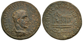 MESOPOTAMIA, Rhesaena. Trajan Decius. 249-251 AD. Æ (27mm, 13.66 g). Radiate and draped bust right / Temple seen in perspective, 3/4 left, with two co...