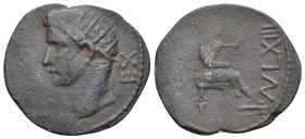 Paphlagonia. Sinope. Tiberius 14-37. AE (25mm, 7.26 g) EX [D D]; radiate head of Augustus, l.; to l., thunderbolt. / C I F AN LXIII[; seated figure of...