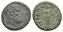 PHRYGIA, Hierapolis. Pseudo-autonomous, 2nd century AD. AE. (17mm, 3.81 g) Obv: Bearded and bare head of Herakles right. Rev: IEPAΠOΛEITΩN. Nemesis st...