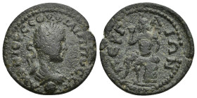 PAMPHYLIA, Perge. Philip II. AD 247-249. Æ (24mm, 6.68 g). Laureate, draped, and cuirassed bust right on globe / Pan seated left on a rock, holding pe...