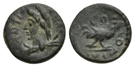 Pisidia. Antioch. Imperial Times circa AD 0-100. Bronze Æ (12mm, 1.33 g). ANTIO-CHAE; draped bust of Mên to left, wearing Phrygian cap / CO-LONIA; roo...