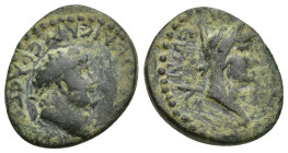 LYCAONIA, Iconium. Nero. AD 54-68. Æ (18mm, 4.54 g). Struck AD 62-65. Laureate head of Nero right / Veiled head of Perseus right; [harpa to right].