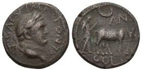 PISIDIA. Antioch. Titus (Caesar, 69-79). Ae. (20mm, 6.22 g) Obv: T CAES IMP PONT. Laureate head right. Rev: ANT / COL. Founder plowing right, with yok...