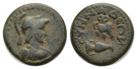 PHRYGIA. Synnada. Pseudo-autonomous (2nd-3rd centuries). Ae. (14mm, 2.61 g) Obv: Helmeted bust of Athena right, wearing aegis. Rev: CVNNAΔЄΩN. Owl sta...