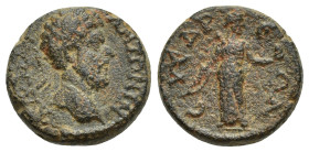 CILICIA. Syedra. Marcus Aurelius (161-180). Ae. (16mm, 4.71 g) Obv: ΑΥ Κ Μ ΑΥ ΑΝΤΩΝΙΝ. Laureate head right. Rev: СΥЄΔΡЄΩΝ. Artemis standing facing, he...