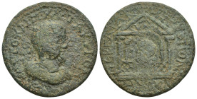 PAMPHYLIA, Perge. Uncertain period. AE (34mm, 17.69 g) Obv: Braped bust right Rev: Distyle temple and containing statue of Artemis Pergaia .