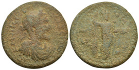 PAMPHYLIA. Side. Uncertain period. Ae. (36mm, 25.00 g) Obv: AVT K M AV CЄ ANTΩNЄINOC. Laureate, draped and cuirassed bust right. Rev: CIΔHTΩN. Athena ...