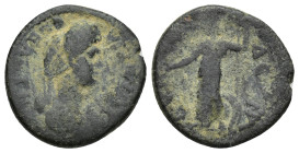 PHRYGIA, Synnada. Domitia. Augusta, AD 82-96. Æ (18mm, 3.19 g). Draped bust of Domitia right / Athena standing left, holding owl and spear; at feet ri...