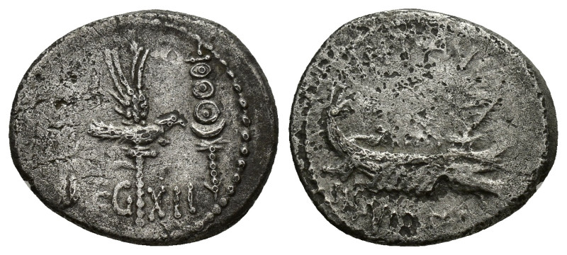 Marc Antony, AR Denarius, (16mm, 3.44 g) 32-31BC, Aquila between two legionary s...