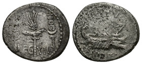 Marc Antony, AR Denarius, (16mm, 3.44 g) 32-31BC, Aquila between two legionary standards, LEG XII in between. Rev: Praetorian galley, ANT AVG at the t...