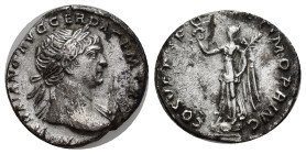 TRAJAN (98-117). Denarius. (17mm, 3.58 g) Rome. Obv: IMP TRAIANO AVG GER DAC P M TR P. Laureate bust right. Rev: COS V P P SPQR OPTIMO PRINC. Victory ...