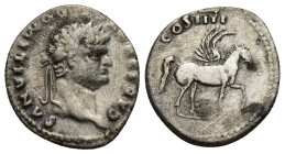 Domitian, as Caesar, 69-81. Denarius (19mm, 3.21 g), Rome, 76-77. CAESAR AVG F DOMITIANVS Laureate head of Domitian to right. Rev. COS IIII Pegasus wa...