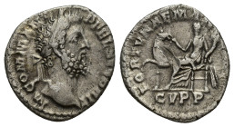 Commodus AR Denarius. (16mm, 2.71 g) Rome, AD 189. M COMM ANT P FEL AVG BRIT, laureate bust right / FORTVNAE MANENTI, Fortuna sitting left holding cor...
