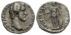 Antoninus Pius AR Denarius. (16mm, 2.86 g) Rome, AD 138. IMP T AEL CAES HADRI ANTONINVS, bare head right / AVG PIVS P M TR P COS DES II, Minerva stand...