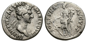 Nerva, 96-98 AD. AR, Denarius. (18mm, 3.00 g) Rome. Obv: IMP NERVA CAES AVG P M TR P II COS III P P. Laureate head of Nerva, right. Rev: FORTVNA AVGVS...
