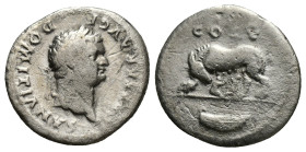 DOMITIAN (81-96). Denarius. (18mm, 2.74 g) Rome. Obv: CAESAR AVG F DOMITIANVS. Laureate head right. Rev: COS V. She-wolf standing left, suckling the t...