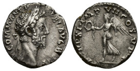 Commodus AR Denarius. (17mm, 2.90 g) Rome, AD 185. M COMMANT FEL AVG P BRIT, laureate head right / P M TR P XI IMP VII COS V P P, Victory advancing le...