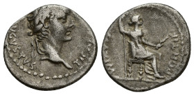 Tiberius (AD 14-37). AR denarius (16mm, 3.60 g). Lugdunum, AD 16-37. TI CAESAR DIVI - AVG F AVGVSTVS, laureate head of Tiberius right / PONTIF MAXIM, ...