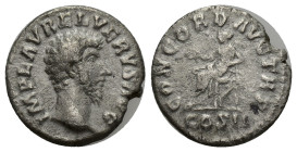 LUCIUS VERUS (161-169). Denarius. (17mm, 2.95 g) Rome. Obv: IMP CAES L AVREL VERVS AVG. Bare head right. Rev: CONCORD AVG TR P / COS II. Concordia sea...