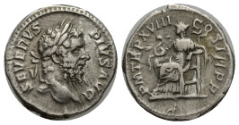 Septimius Severus AR Denarius. (18mm, 3.14 g) Rome, AD 210. SEVERVS PIVS AVG, laureate head right / P M TR P XVIII COS III P P, Salus seated left, fee...