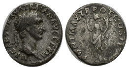 Trajan (AD 98-117). AR denarius (17mm, 3.20 g). Rome, AD 98-99. IMP CAES NERVA TRAIAN AVG GERM, laureate head of Trajan right / PONT MAX TR POT COS II...