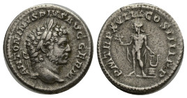 Caracalla AD 211-217. Rome Denarius AR (18mm, 3.25 g). ANTONINVS PIVS AVG GERM, laureate head of Caracalla right / P M TR P XVIII COS IIII P P, Apollo...