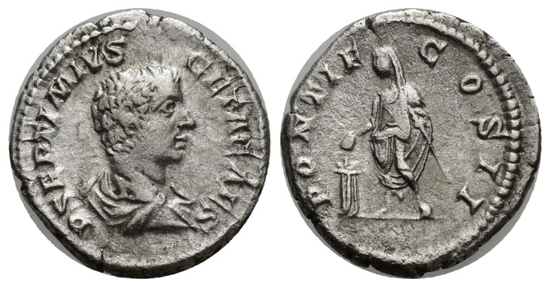 GETA. Denarius. AR (19mm, 3.00 g). 209 AD Rome. Anv: Draped bust of Geta on the ...