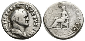 Vespasian - Pax Denarius. (18mm, 2.86 g) 75 AD. Rome mint. Obv: IMP CAESAR VESPASIANVS AVG legend with laureate bust right. Rev: PON MAX TR P COS VII ...