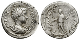 Geta, as Caesar, AR Denarius. (19mm, 3.23 g) Rome, AD 200-202. P SEPT GETA CAES PONT, bare-headed, draped bust right / PRINC IVVENT, Geta standing lef...