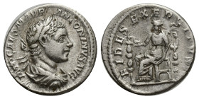 Elagabalus. Denarius. (17mm, 2.71 g) 218 AD. Rome. Anv.: IMP CAES M AVR ANTONINVS AVG, laureate and draped bust to right. Rev.: FIDES EXERCITVS, Fides...