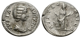Julia Domna (wife of S. Severus) (193-217 AD) AR Denarius (18mm, 3.11 g) IVLIA AVGVSTA/ PIETAS PVBLICA, Pietas standing to left at altar, raising hand...
