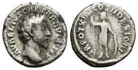 Marcus Aurelius AD 161-180. Rome Denarius AR (17mm, 3.30 g). AVRELIVS CAESAR AVG PII F, bare head right / TR POT XIIII COS II DESIG III, Mars standing...
