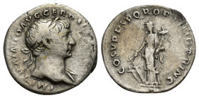 TRAJAN (98-117). Denarius. (18mm, 2.84 g) Rome. Obv: IMP TRAIANO AVG GER DAC P M TR P. Laureate bust right, with slight drapery. Rev: COS V P P S P Q ...