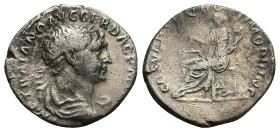 TRAJAN (98-117). Denarius. (18mm, 3.00 g) Rome. Obv: IMP TRAIANO AVG GER DAC P M TR P. Laureate bust right, slight drapery on far shoulder. Rev: COS V...